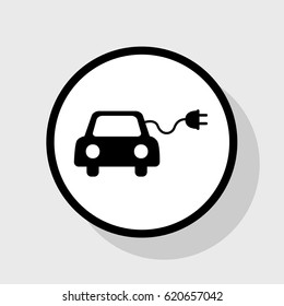Eco electric car sign. Vector. Flat black icon in white circle with shadow at gray background.