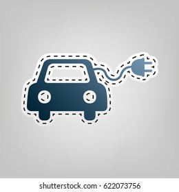 Eco electric car sign. Vector. Blue icon with outline for cutting out at gray background.