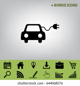 Eco electric car sign. Vector. Black icon at gray background with bonus icons at celery ones
