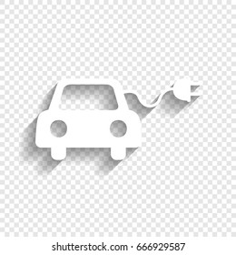 Eco electric car sign. Vector. White icon with soft shadow on transparent background.