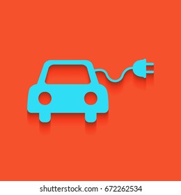 Eco electric car sign. Vector. Blue icon with soft shadow putted down on flamingo background.