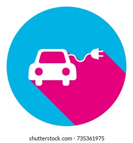 Eco electric car sign. Vector. Flat white icon with mexican pink shadow inside sky blue(S and G) circle at white background. Isolated. Trend colors in 2017.