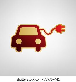 Eco electric car sign. Vector. Red icon on gold sticker at light gray background.