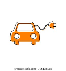 Eco electric car sign. Vector. Black line icon with shifted flat orange filled icon on white background. Isolated.