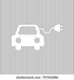 Eco electric car sign. Vector. White icon on grayish striped background. Optical illusion.