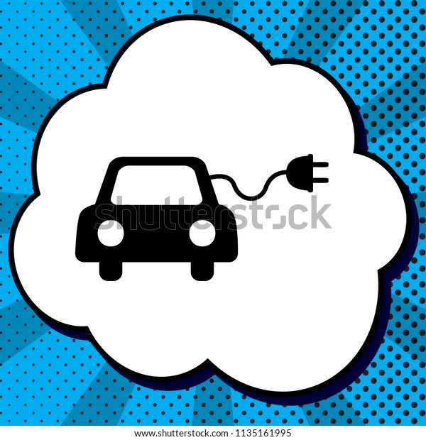 Eco electric car sign. Vector.\
Black icon in bubble on blue pop-art background with\
rays.