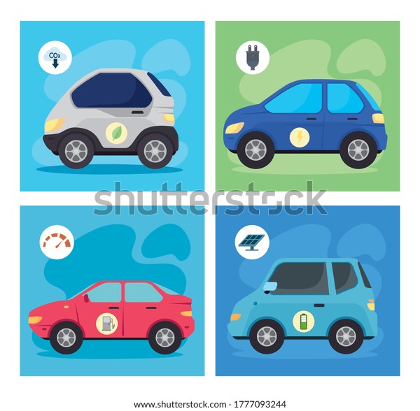 Eco and electric cars inside frames design,\
energy power save sustainable environmental nature and conservation\
theme Vector illustration