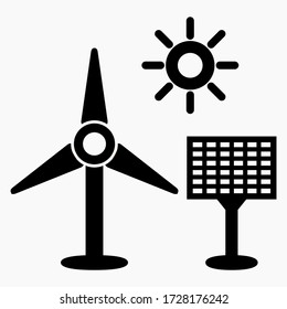 Eco electric icon. Green energy. Solar panels. Wind power. Vector icon.
