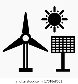 Eco electric icon. Green energy. Solar panels. Wind power. Vector icon.