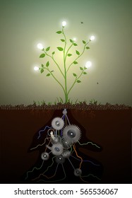 Eco electricity concept, eco energy engine idea, mechanic tree growing on soil, artificial plant growing, ecology machine concept