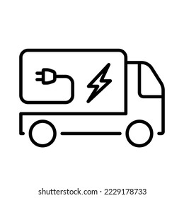 Icono de la línea de transporte del vehículo eléctrico ecológico. Coche de entrega con Lightning y Plug Sign. Pictograma de Van Eléctrica. Icono de contorno de Camión de Energía de Ecología. Stroke editable. Ilustración de vectores aislados.