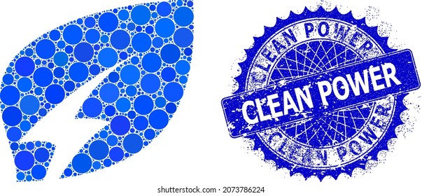 Eco electricity vector composition of circle dots in variable sizes and blue color tones, and textured Clean Power badge. Blue round sharp rosette badge contains Clean Power title inside it.