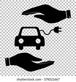 Eco electrocar sign. Save or protect symbol by hands.
