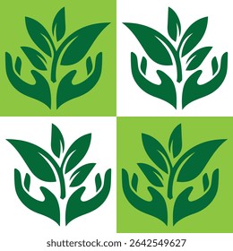 Eco Element Logo Design featuring green tree leaves and hands holding a plant. Ideal for environment, nature brands, or organic products. Editable EPS vector file included.