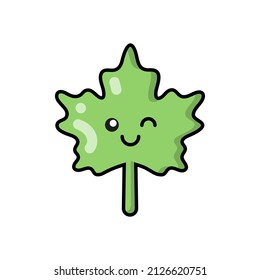 Eco element for patches, badges, stickers, logos. Set of cute funny cartoon characters icons in asian japanese kawaii style. Vector ecology doodles of maple leaf, Canada symbol.
