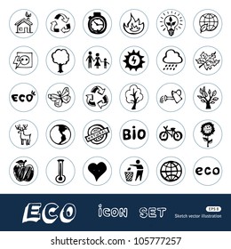 Eco Elements And Environment Web Icons Set. Hand Drawn Sketch Illustration Isolated On White Background