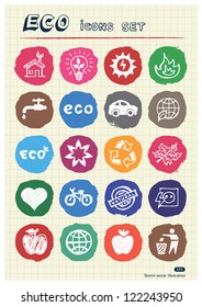 Eco elements and environment web icons set drawn by chalk. Hand drawn vector elements pack isolated on paper