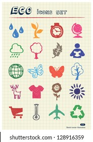 Eco Elements And Environment Web Icons Set Drawn By Color Pencils. Hand Drawn Vector Elements Pack Isolated On Paper