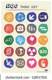 Eco elements and environment web icons set drawn by chalk. Hand drawn vector elements pack isolated on paper
