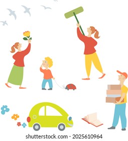 ECO  elements for illustration . Delivery man with boxes, a women with a flower and a mop. Kid with a toy car. Book and birds.