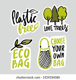 Eco emblem with bag and lettering. Trees Protect Sticker