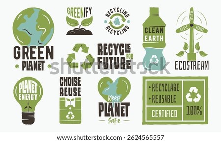 Eco emblems. Large set of eco and recycling trendy logos. Green Planet, Recycle, Clean Earth, Reuse, Planet Energy, EcoStream, Certified icon. Vector illustration.