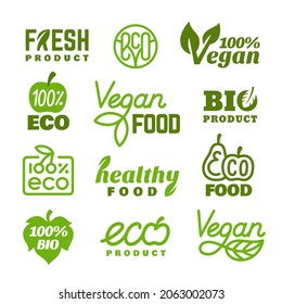 Öko-Embleme. Bio-Logo, frisch grüne Lebensmittelaufkleber. Vegetarier-Abzeichen, hochwertige Agrarmarkterzeugnisse. Vektoranhänger für natürliche Produktpiraterie