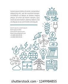 Eco energy article page vector template. Green technology. Alternative energy. Brochure, magazine, booklet design with linear icons and text boxes. Clean power. Concept illustrations with text space