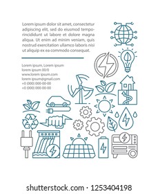 Eco energy article page vector template. Green technology. Alternative energy. Brochure, magazine, booklet design with linear icons and text boxes. Clean power. Concept illustrations with text space