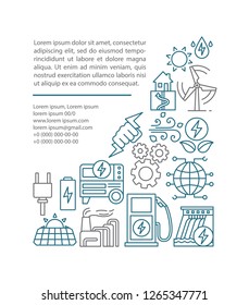 Eco energy article page vector template. Green technology. Alternative energy. Brochure, magazine, booklet design element with linear icons and text box, space. Clean power. Concept illustrations