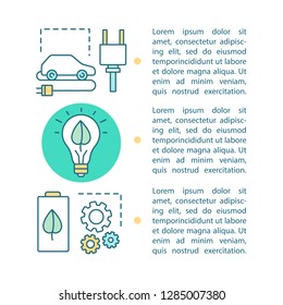 Eco energy article page vector template. Green technology. Alternative energy. Eco vehicle. Brochure, magazine design element with text boxes. Print design. Concept illustrations with text space