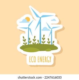 Eco energy badge. Windmills on green field against background of sun. Alternative energy sources. Innovations to reduce emission of hazardous waste metaphor. Cartoon flat vector illustration