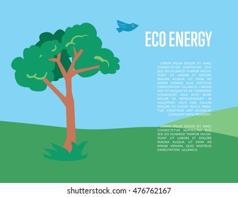 Eco energy banner with space for text. Vector illustration with bird and tree in green meadow on background of blue sky. Nature conservation.