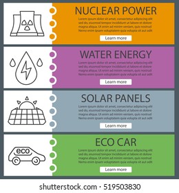 Eco energy banner templates set. Easy to edit. Nuclear power plant, water energy, solar panel, eco car. Website menu items with linear icons. Color web banner. Vector headers design concepts
