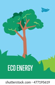 Eco energy banner. Vector illustration with bird and tree in green meadow on background of blue sky. Nature conservation.
