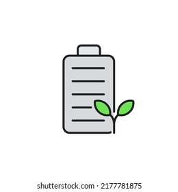 Eco energy battery icon. Battery with leaves. High quality coloured vector illustration.