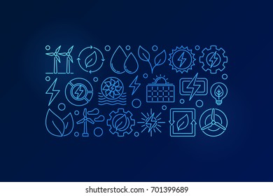 Eco energy blue illustration - vector renewable energy sources outline concept banner on dark background 