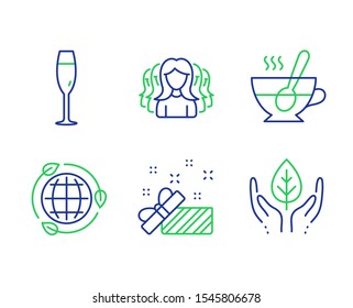 Eco Energy, Champagne Glass And Women Group Line Icons Set. Present, Tea Cup And Fair Trade Signs. Ecology, Winery, Lady Service. Gift. Business Set. Line Eco Energy Outline Icons. Vector