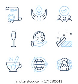 Eco Energy, Champagne Glass And Women Group Line Icons Set. Diploma Certificate, Save Planet, Group Of People. Present, Tea Cup And Fair Trade Signs. Ecology, Winery, Lady Service. Gift. Vector