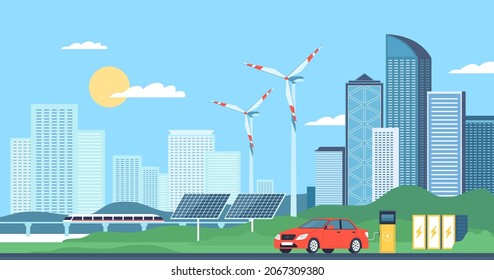 Ciudad de la energía ecológica. Rascacielos y fuentes de energía alternativas, cuidado del medio ambiente, innovaciones ecológicas, paneles solares, turbinas eólicas, energía y electricidad ecológicas, concepto de vector