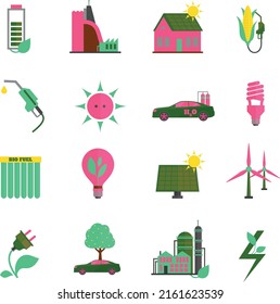 Eco energy color flat vector icon collection set