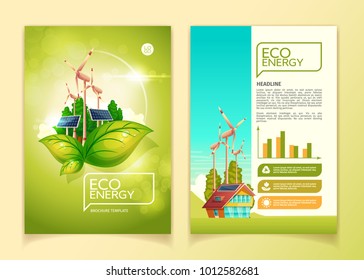 Eco energy concept brochure template vector illustration for green nature environment conservation and natural resources. Flat booklet design template of headlines and text presentation for ecology