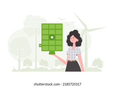 Eco energy concept. The girl holds a solar panel in her hand. Vector illustration.