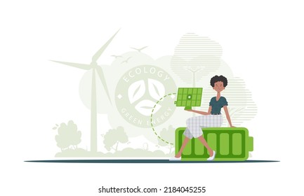 Eco energy concept. The girl sits on a battery and holds a solar panel in her hands. Vector illustration.