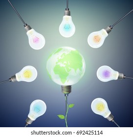 Eco energy concept, group of bulbs and green globe Earth inside, vector