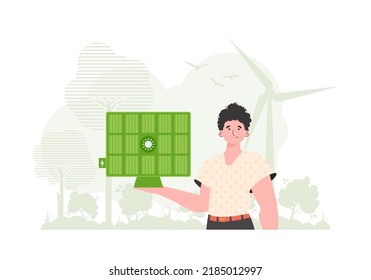 Eco energy concept. The guy is holding a solar panel in his hand. Vector. trendy style.