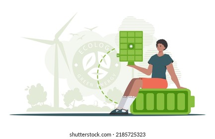 Eco energy concept. The guy sits on a battery and holds a solar panel in his hands. Vector illustration.
