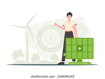 Eco energy concept. The guy is standing near the solar panel. trendy style. Vector illustration.