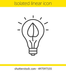 Eco energy concept linear icon. Thin line illustration. Lightbulb with plant leaf contour symbol. Vector isolated outline drawing