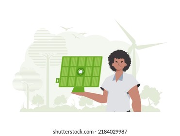 Eco energy concept. A man holds a solar panel in his hand. trendy style. Vector illustration.